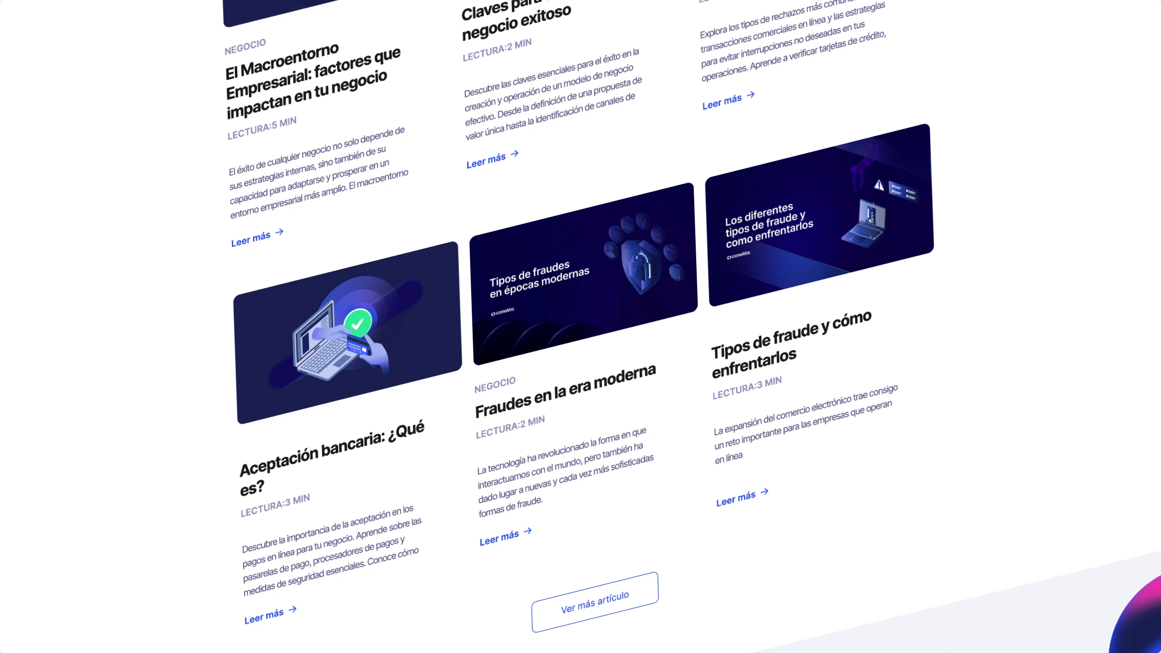 Conekta article cards with category labels and links