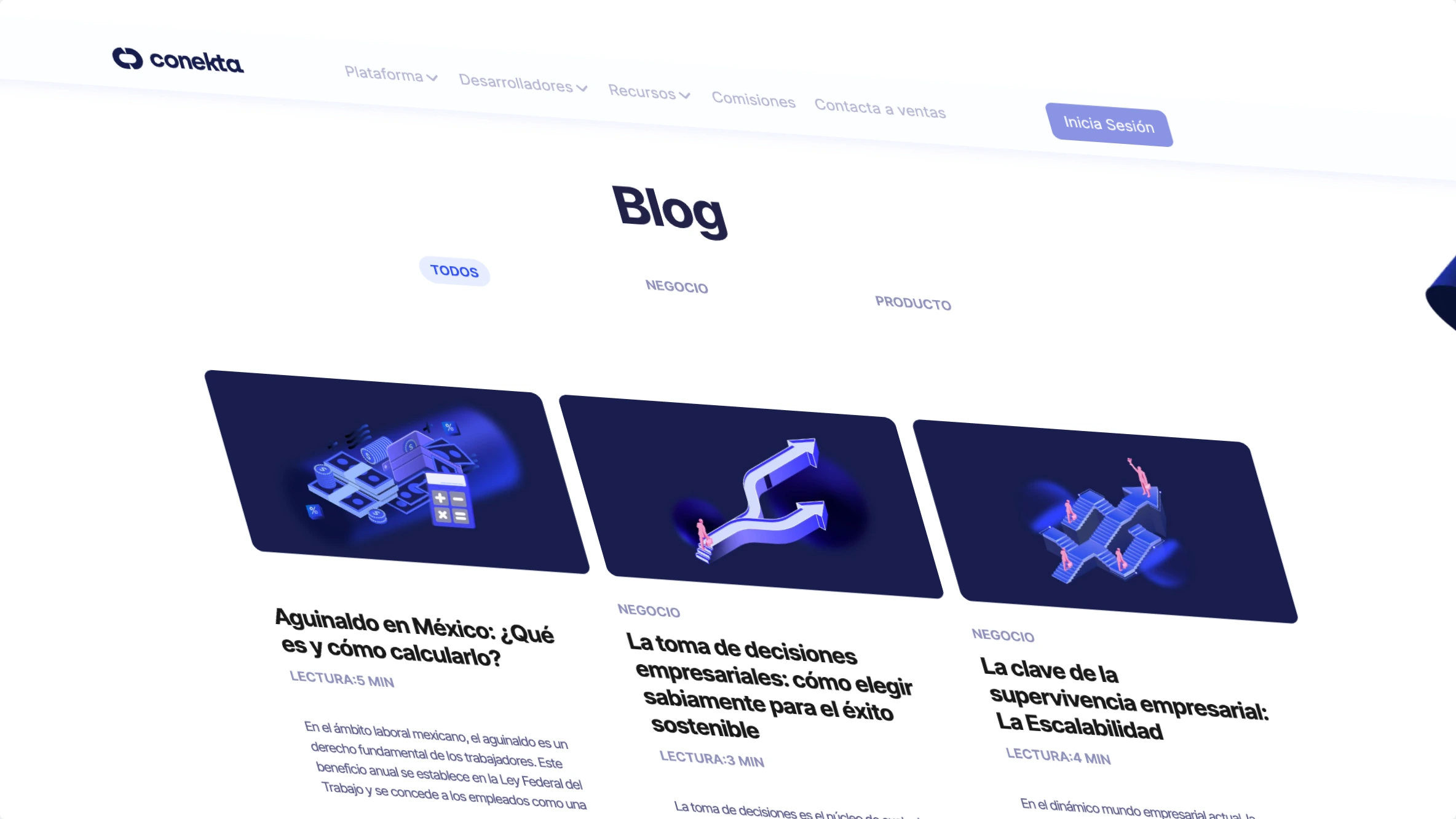 Redesigned Conekta blog header, category tags and featured articles
