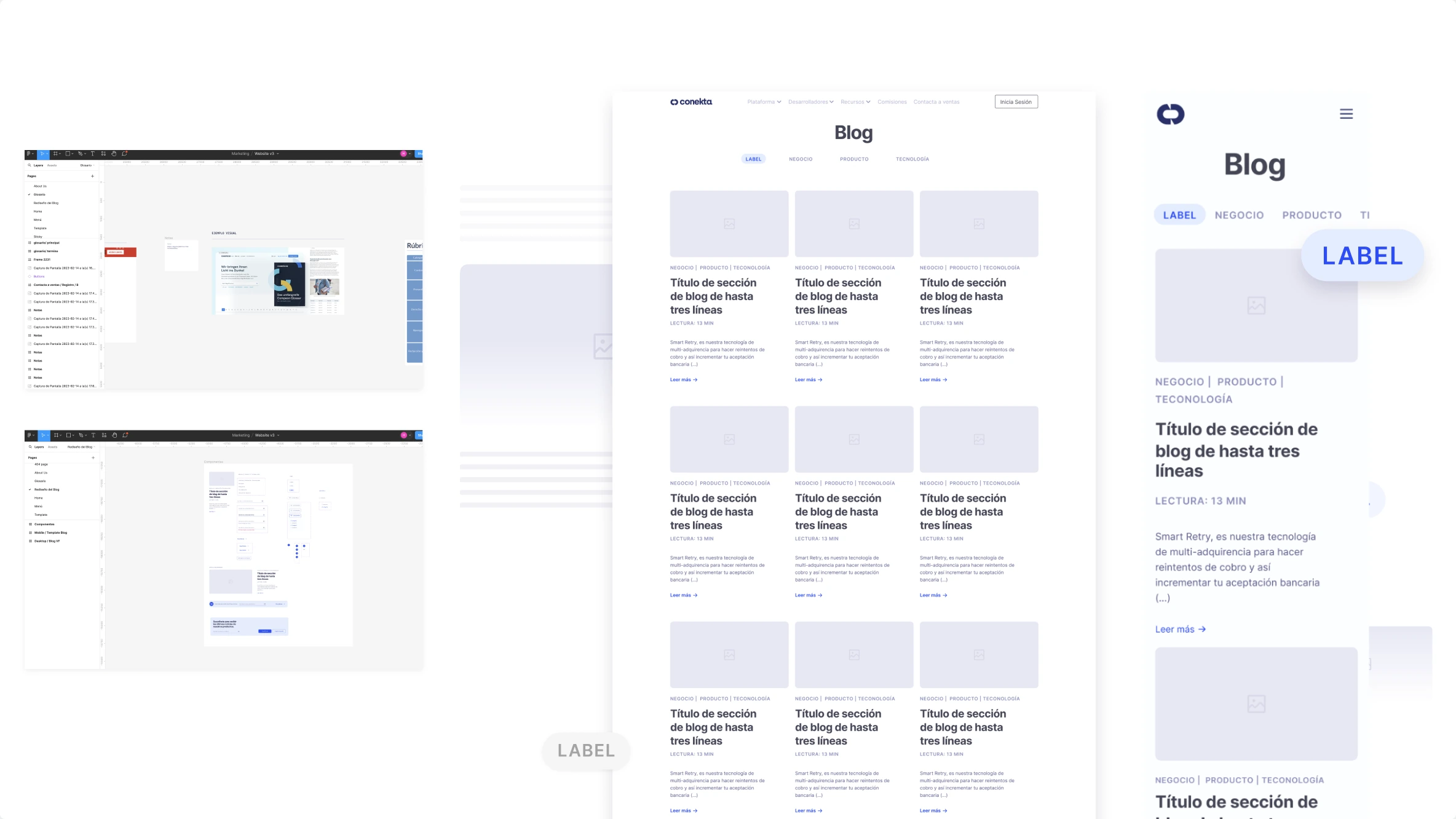 Research and wireframe iterations alongside desktop and mobile blog layouts